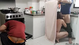 Secret rendezvous between stepmother and stepdaughter in the kitchen