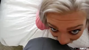 Young blonde gives energetic blowjob before getting pregnant