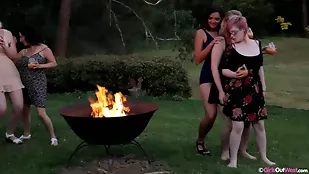 Western girls ignite their wild side with fiery lesbian group play by the campfire