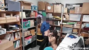 Curly-haired thief gets caught and punished orally by her young colleague