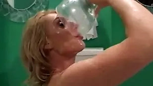 Blonde beauty gets facial in hardcore group sex with MILF